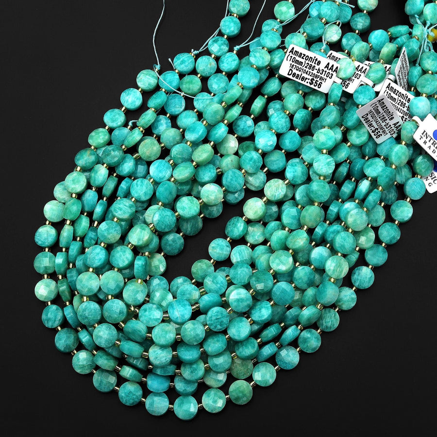 AAA Faceted Natural Peruvian Amazonite Faceted Coin Beads 10mm Stunning Aqua Blue Green Gemstone 15.5" Strand