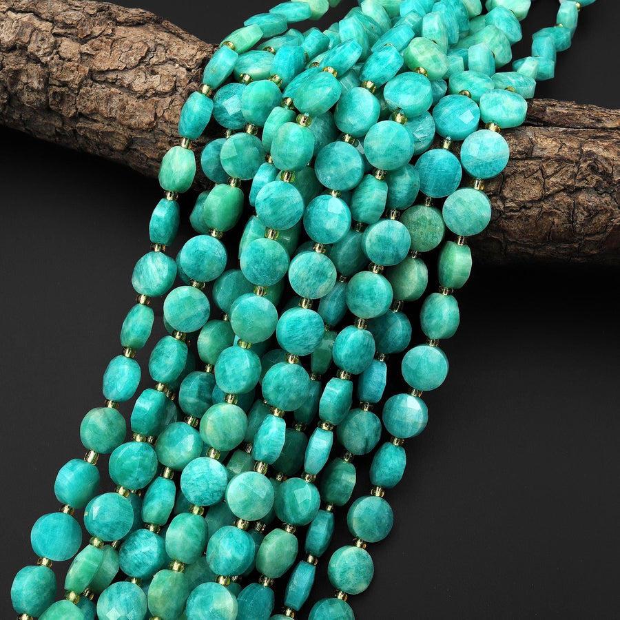 AAA Faceted Natural Peruvian Amazonite Faceted Coin Beads 10mm Stunning Aqua Blue Green Gemstone 15.5" Strand