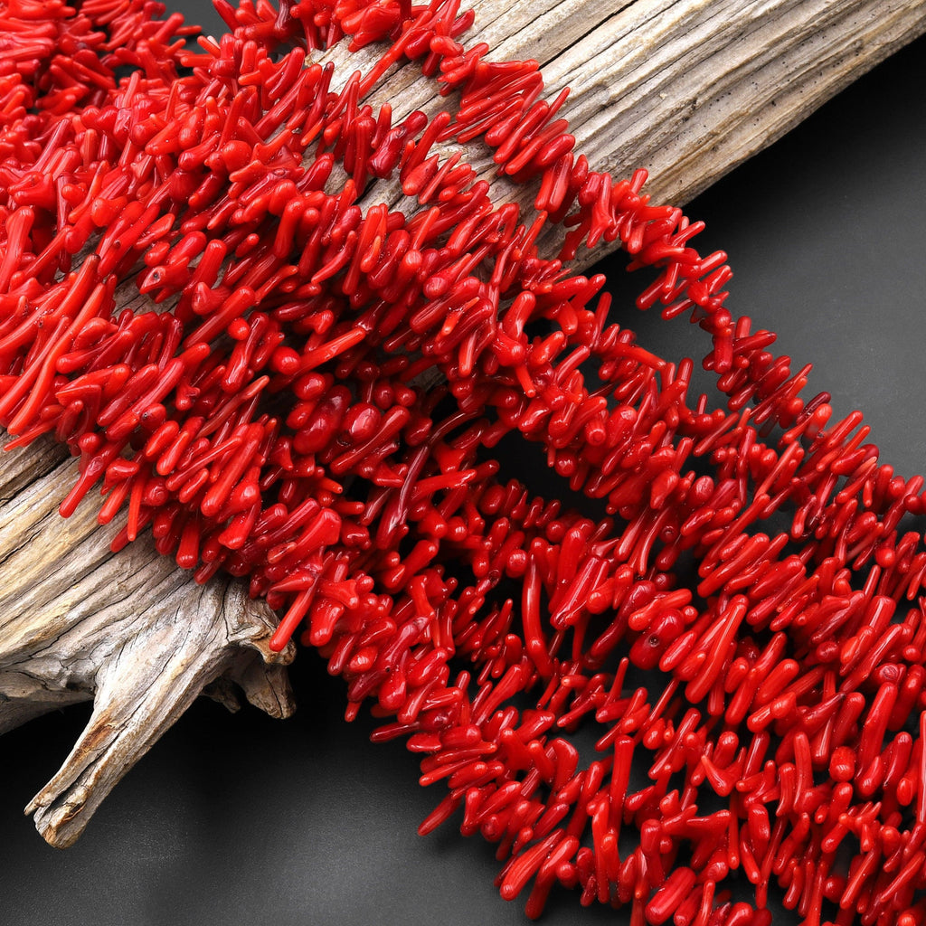 Super Thin fine Genuine Red Coral Branch Beads Center Drilled Freeform Stick 15.5" Strand