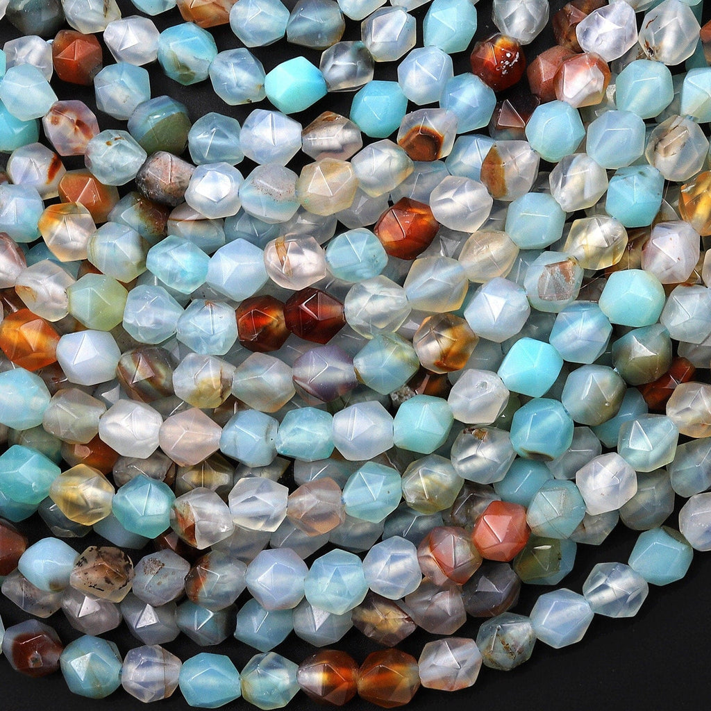 Star Cut Natural Blue Dragon Agate Beads Faceted 6mm Rounded Nugget Sharp Facets 15" Strand