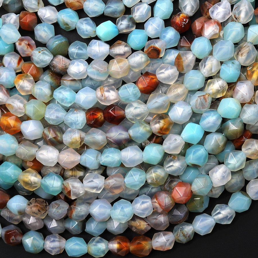 Star Cut Natural Blue Dragon Agate Beads Faceted 6mm Rounded Nugget Sharp Facets 15" Strand