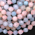 Star Cut Natural Beryl Jade Beads Faceted 10mm Rounded Nugget Aquamarine Morganite Alike 15" Strand