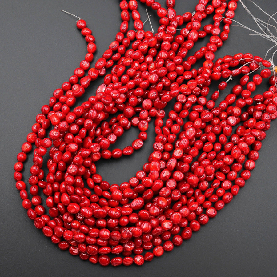 AAA Genuine Red Coral Smooth Nugget Beads 15.5" Strand