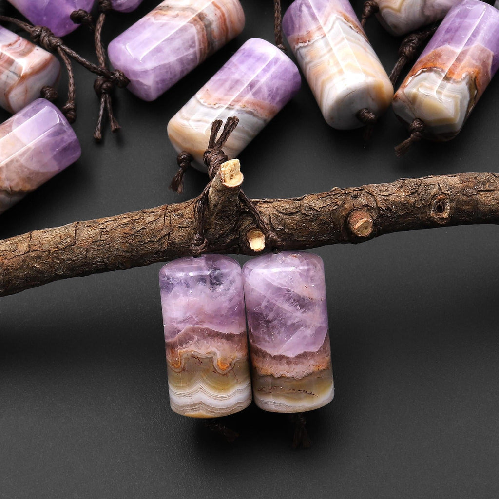 Natural Rainbow Amethyst Earring Pair Matched Cylinder Tube 20mm Gemstone Beads A2