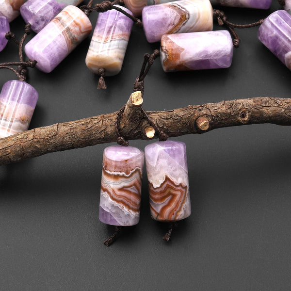 Natural Rainbow Amethyst Earring Pair Matched Cylinder Tube 20mm Gemstone Beads A4