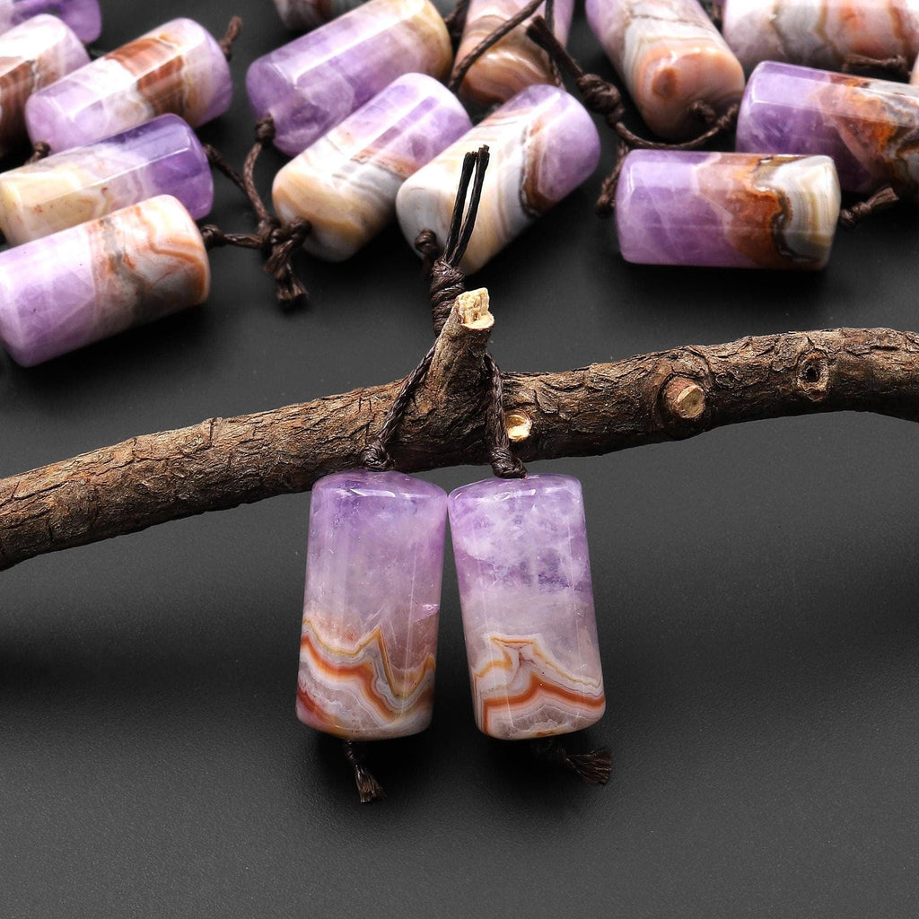 Natural Rainbow Amethyst Earring Pair Matched Cylinder Tube 20mm Gemstone Beads A6