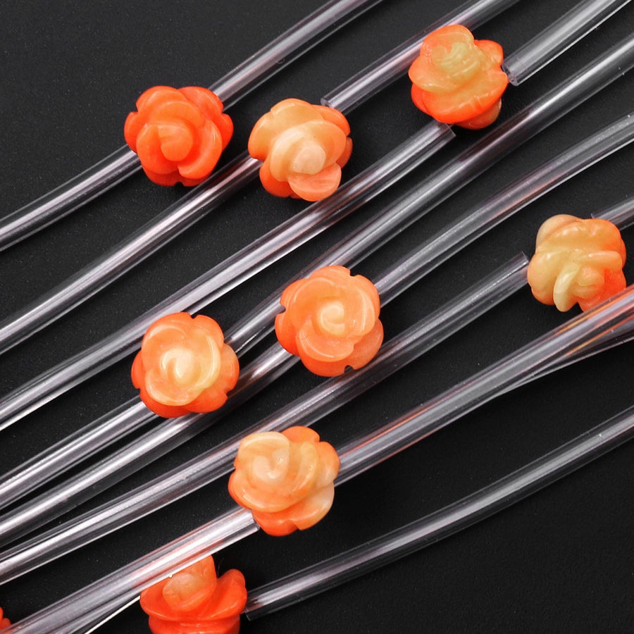 Orange Peach Coral Hand Carved Rose Flower Gemstone Beads 8mm 8"