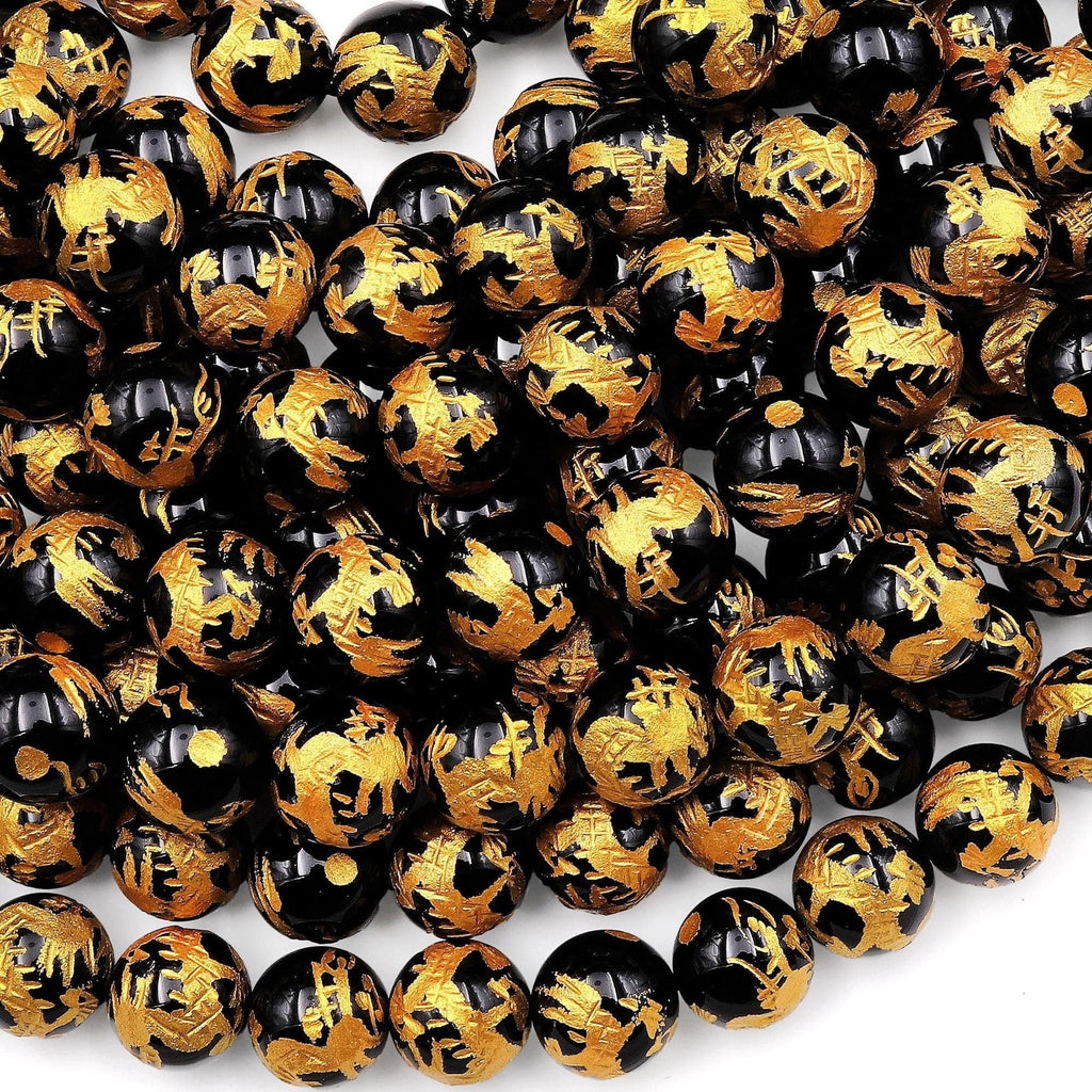 Natural Black Onyx Hand Carved Gold Dragon 10mm Round Gemstone Beads Select from 5 pcs, 10 pcs