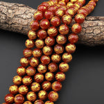 Natural Red Agate Hand Carved Gold Dragon 12mm Round Gemstone Beads Select from 5 pcs, 10 pcs