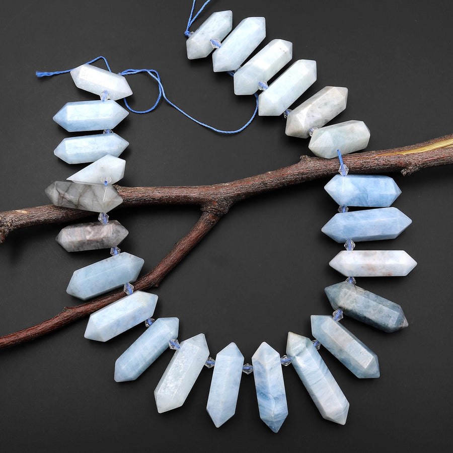 Natural Blue Aquamarine Beads Faceted Double Terminated Points Top Side Drilled Gemstone 15.5" Strand