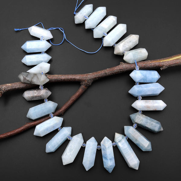 Natural Blue Aquamarine Beads Faceted Double Terminated Points Top Side Drilled Gemstone 15.5" Strand A1