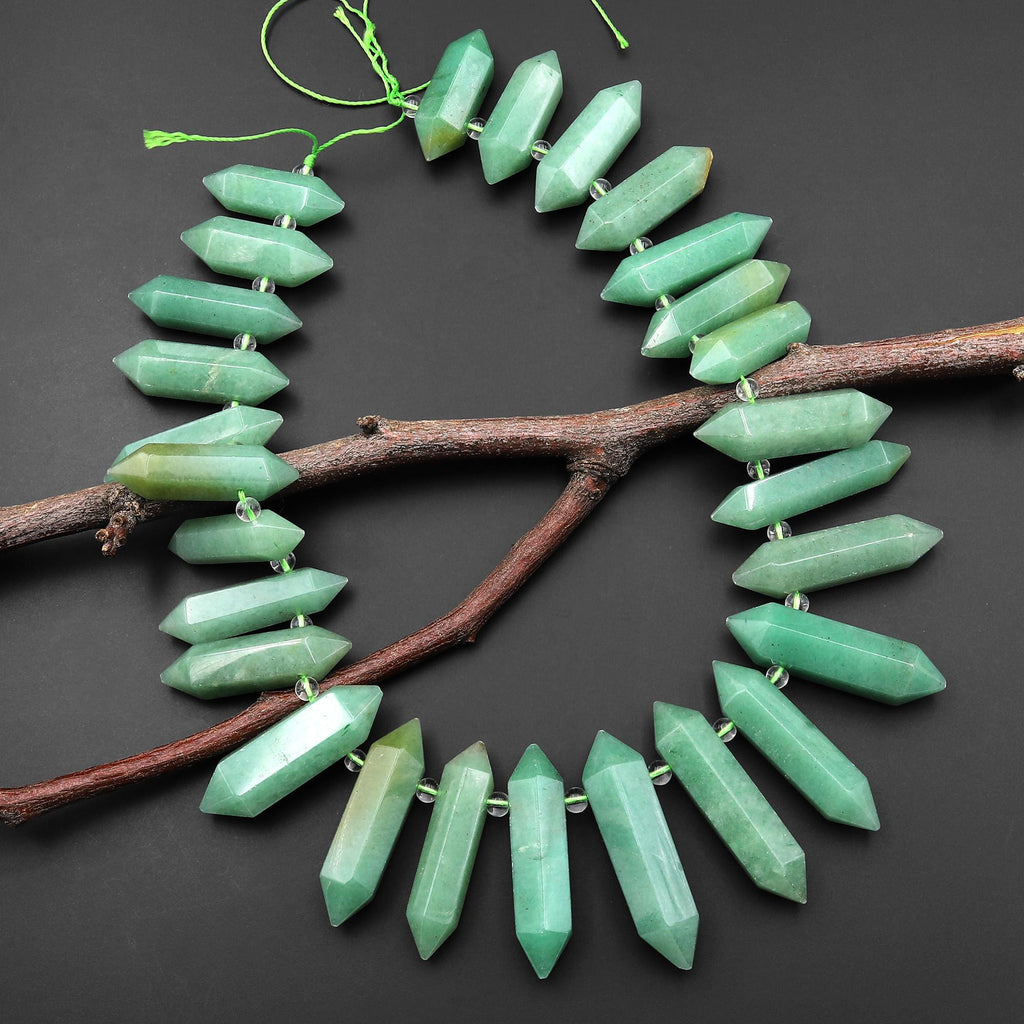 Natural Green Aventurine Beads Double Terminated Points Top Side Drilled Thin Long Healing Natural Crystal 15.5" Strand A1