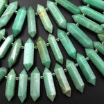 Natural Green Aventurine Beads Double Terminated Points Top Side Drilled Thin Long Healing Natural Crystal 15.5" Strand