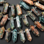 Natural Green Apatite Beads Double Terminated Points Top Side Drilled Rustic Organic Cut 15.5" Strand