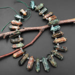 Natural Green Apatite Beads Double Terminated Points Top Side Drilled Rustic Organic Cut 15.5" Strand