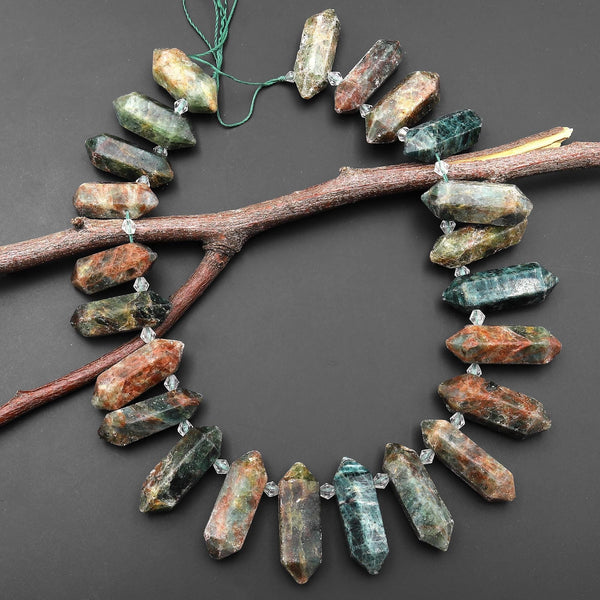 Natural Green Apatite Beads Double Terminated Points Top Side Drilled Rustic Organic Cut 15.5" Strand A3