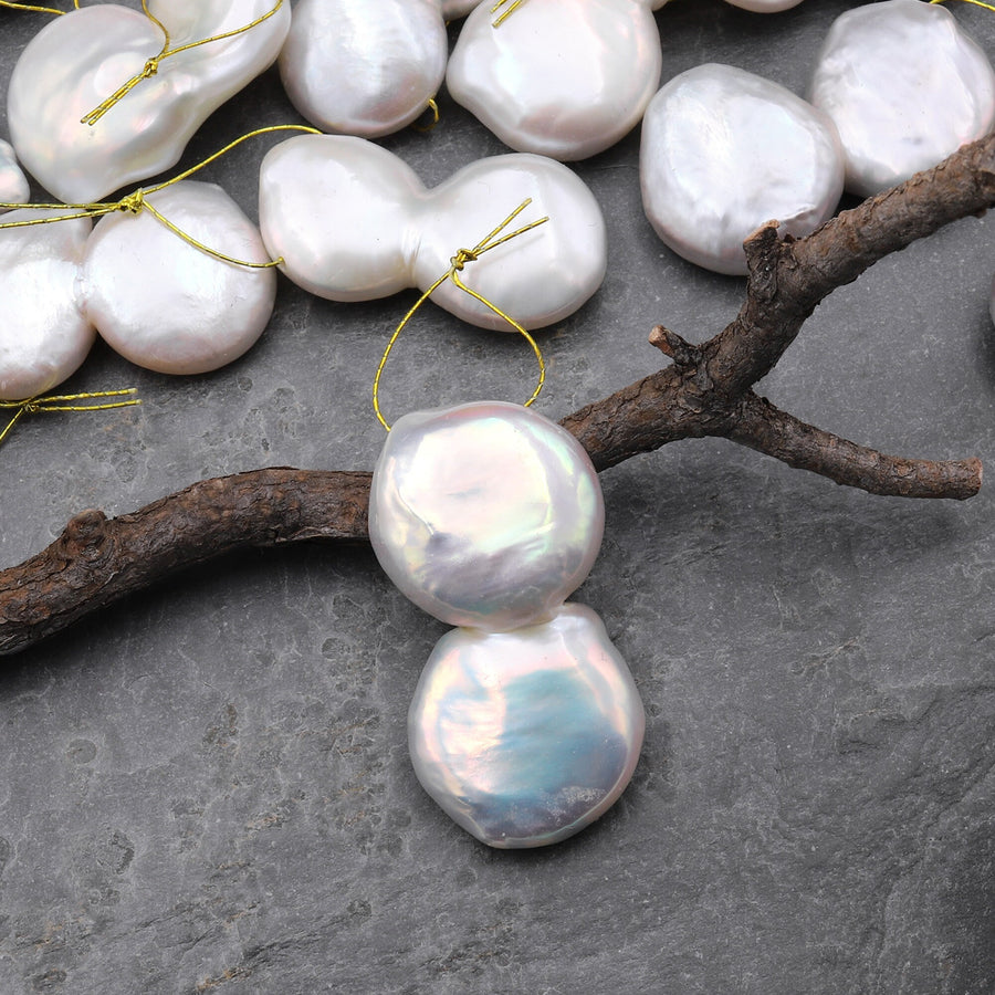 Rare Twin Coin Pearl Large Iridescent Natural White Freshwater Pearl Pendant Side Drilled