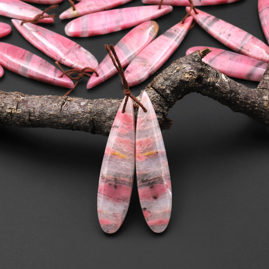 AAA Natural Pink Rhodonite In Quartz Earring Pair Teardrop Drilled Matched Gemstone Beads