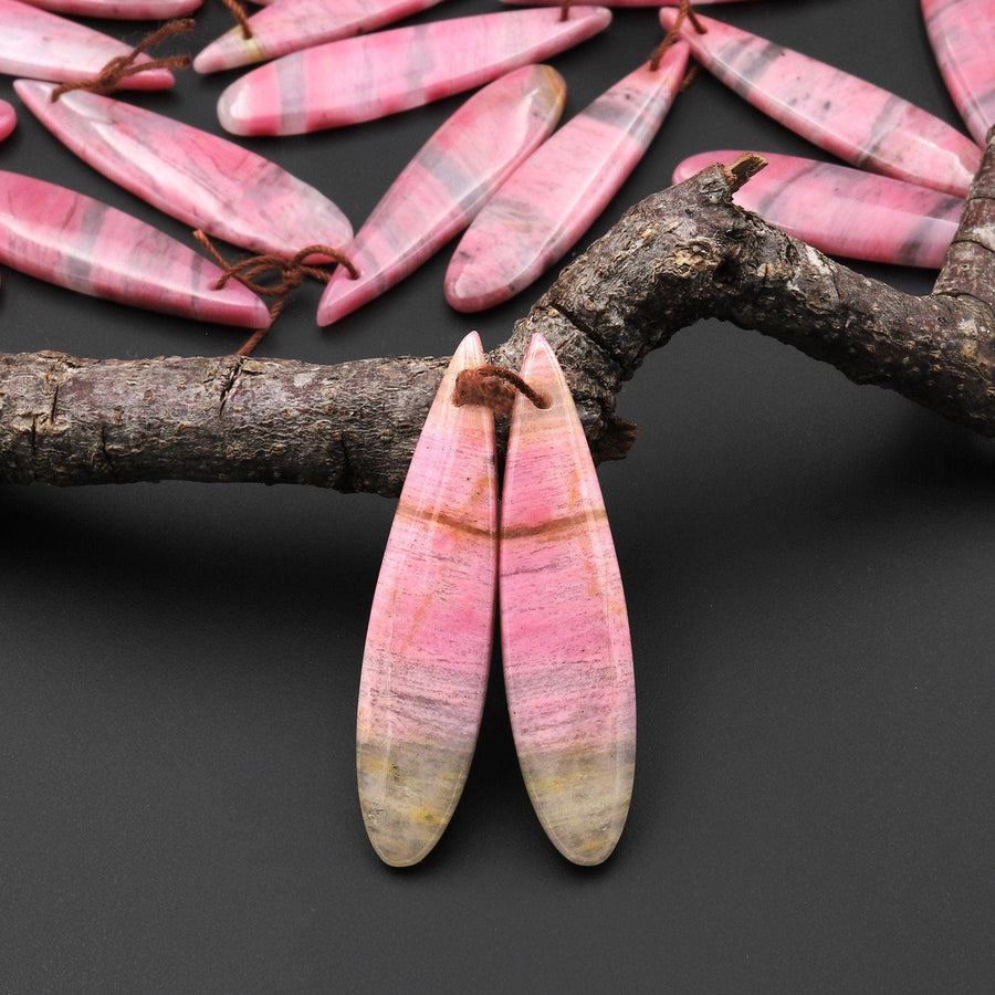 AAA Natural Pink Rhodonite In Quartz Earring Pair Teardrop Drilled Matched Gemstone Beads A7