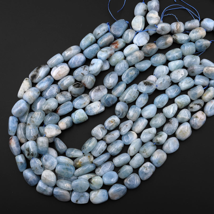 Natural Blue Aquamarine Freeform Pebble Nugget Beads W/ Iron Matrix 15.5" Strand