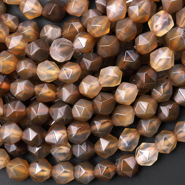 Star Cut Tibetan Brown Agate Beads Faceted 8mm 10mm Rounded Nugget Sharp Facets 15" Strand