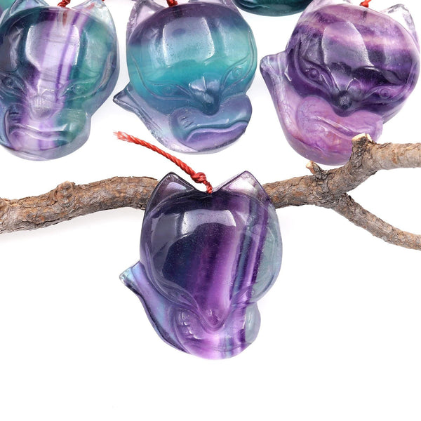Hand Carved Natural Fluorite Fox Gemstone Pendant A6
