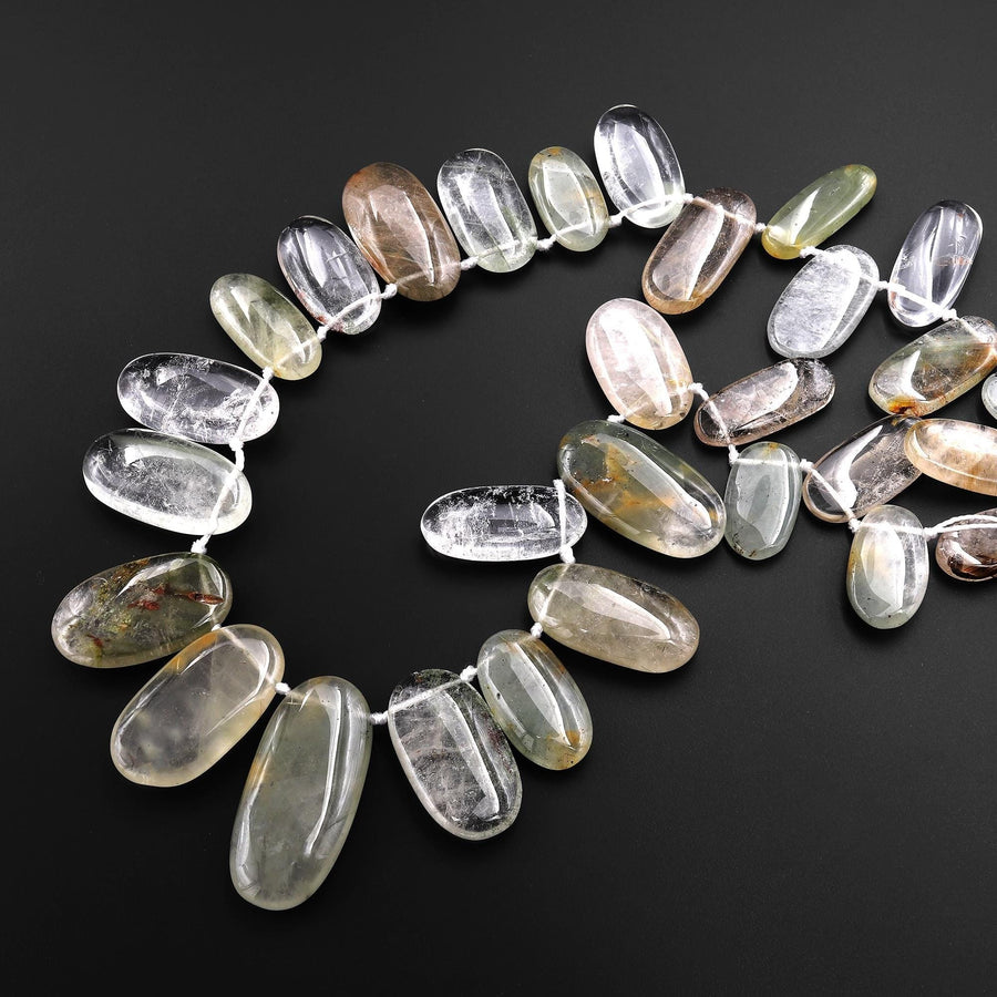 Natural Phantom Rutile Quartz Long Oval Focal Pendant Beads Side Drilled Gemstone 18" Strand