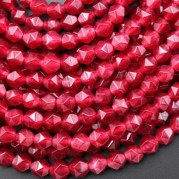 Star Cut Red Jade Beads Faceted 6mm Rounded Nugget Sharp Facets 15" Strand