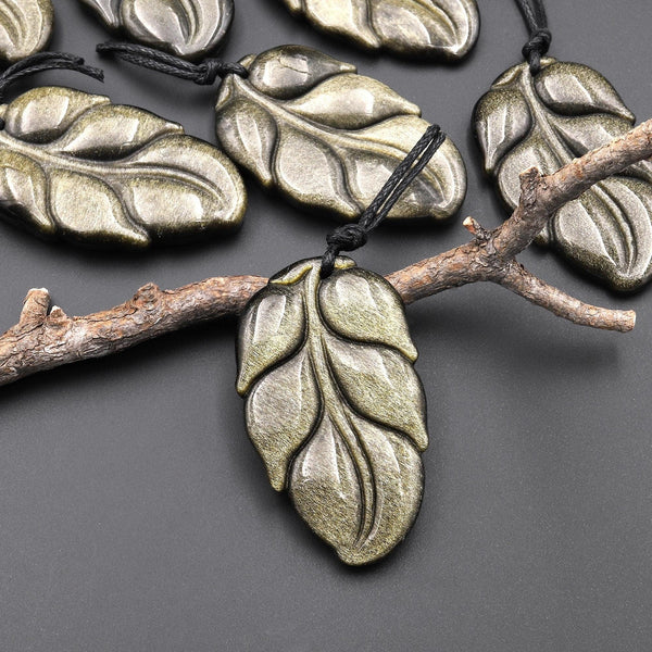 AAA Hand Carved Natural Golden Obsidian Leaf Pendant Focal Gemstone Bead A1