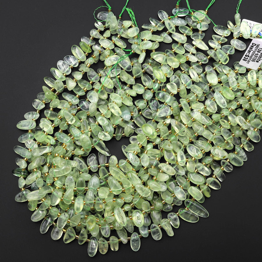 Natural Green Prehnite Freeform Oval Pebble Nugget Beads Top Side Drilled Gemstone 15.5" Strand