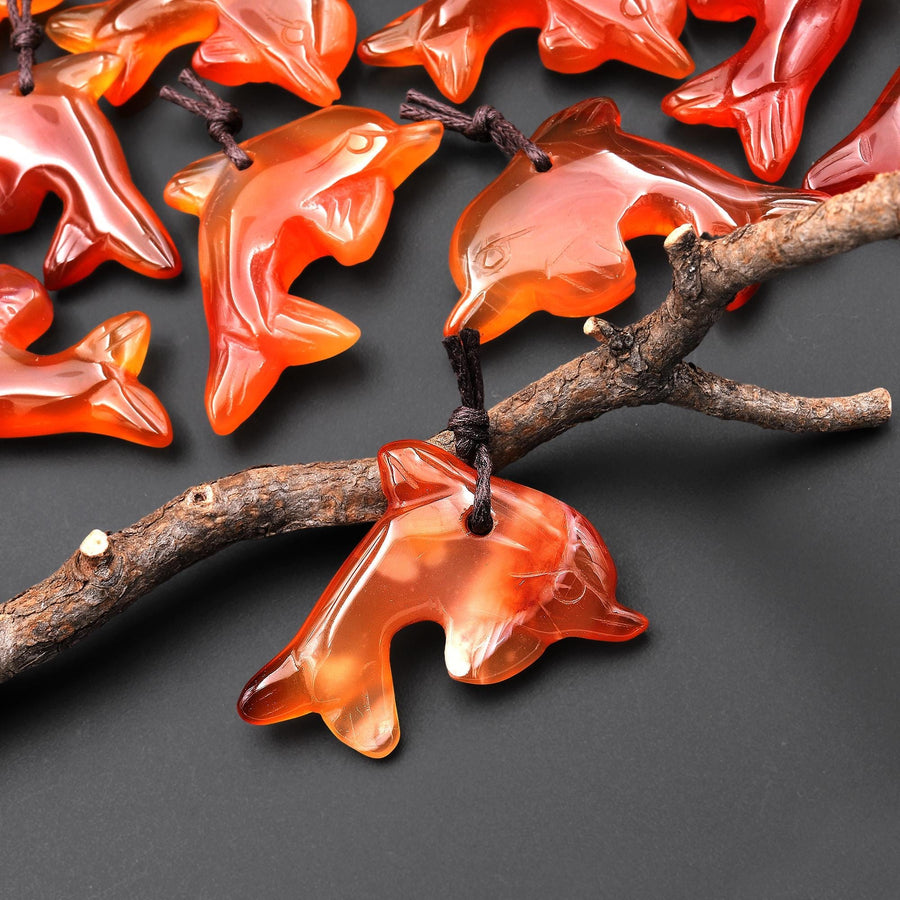 Hand-Carved Natural Orange Red Carnelian Agate Dolphin Pendant