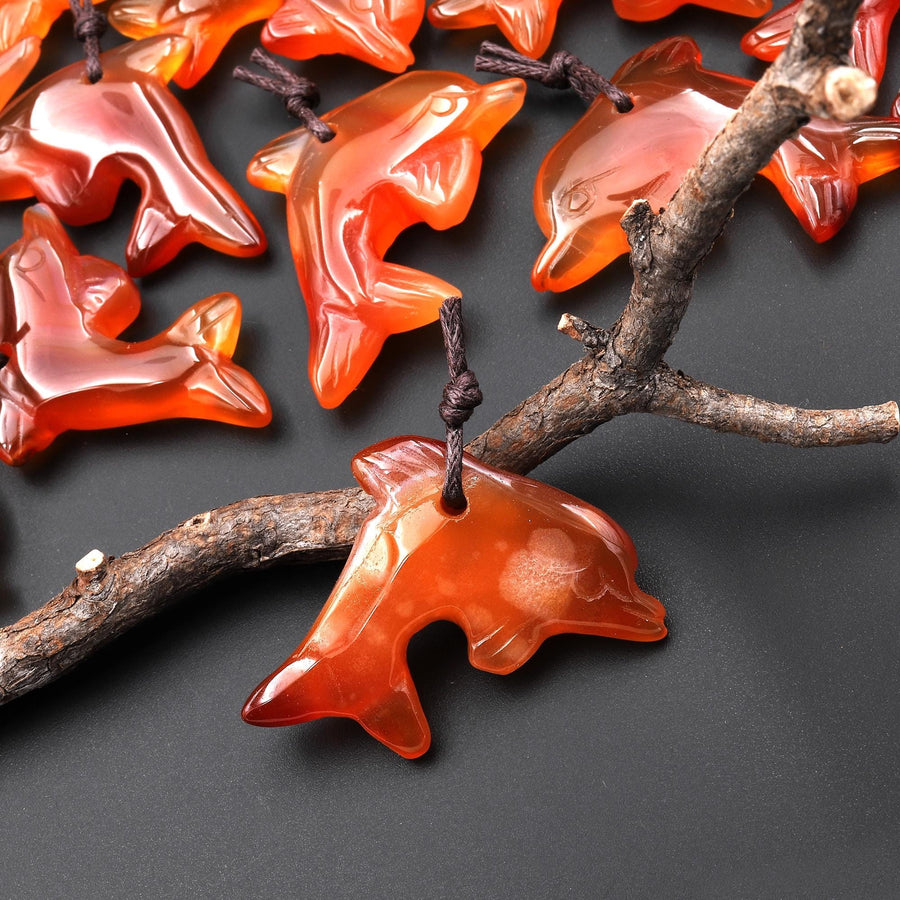 Hand-Carved Natural Orange Red Carnelian Agate Dolphin Pendant