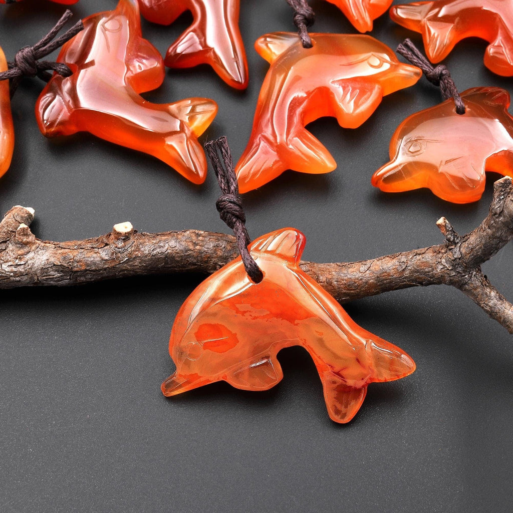 Hand-Carved Natural Orange Red Carnelian Agate Dolphin Pendant A3