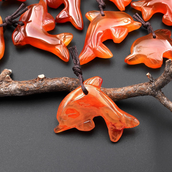Hand-Carved Natural Orange Red Carnelian Agate Dolphin Pendant A3
