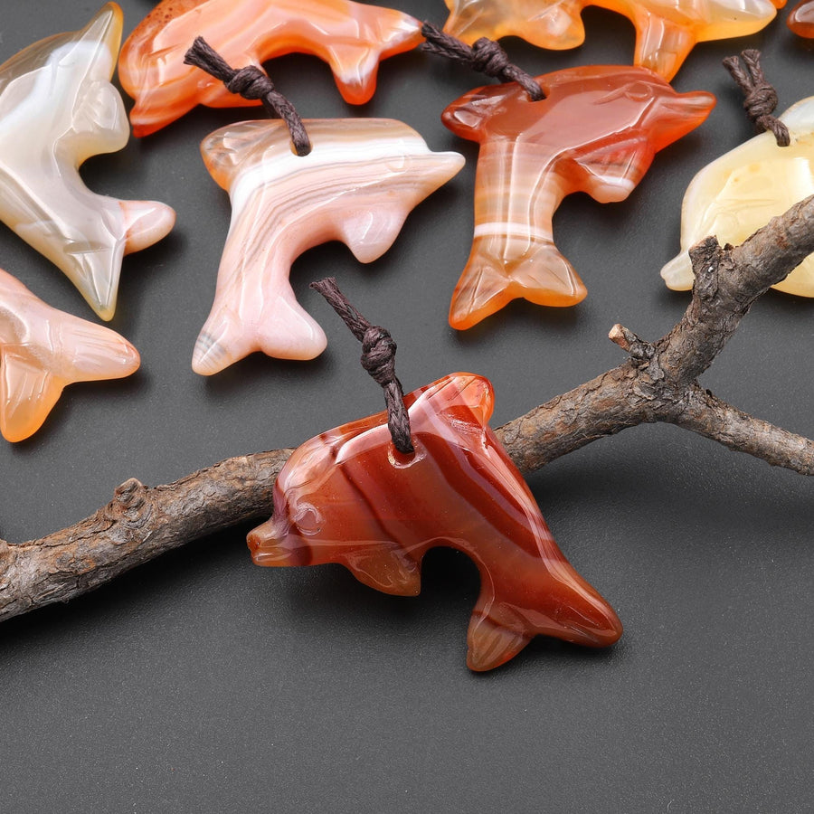 Hand-Carved Natural Carnelian Dolphin Pendant