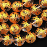 AAA Natural Rock Crystal Quartz Hand Carved Gold Dragon 14mm Round Gemstone Beads Select from 5 pcs, 10 pcs