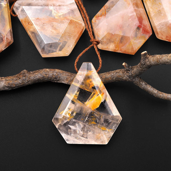 Faceted Natural Brazilian Quartz Faceted Elongated Pentagon Diamond Shape Pendant Side Drilled Pendulum A1