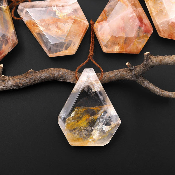 Faceted Natural Brazilian Quartz Faceted Elongated Pentagon Diamond Shape Pendant Side Drilled Pendulum A5