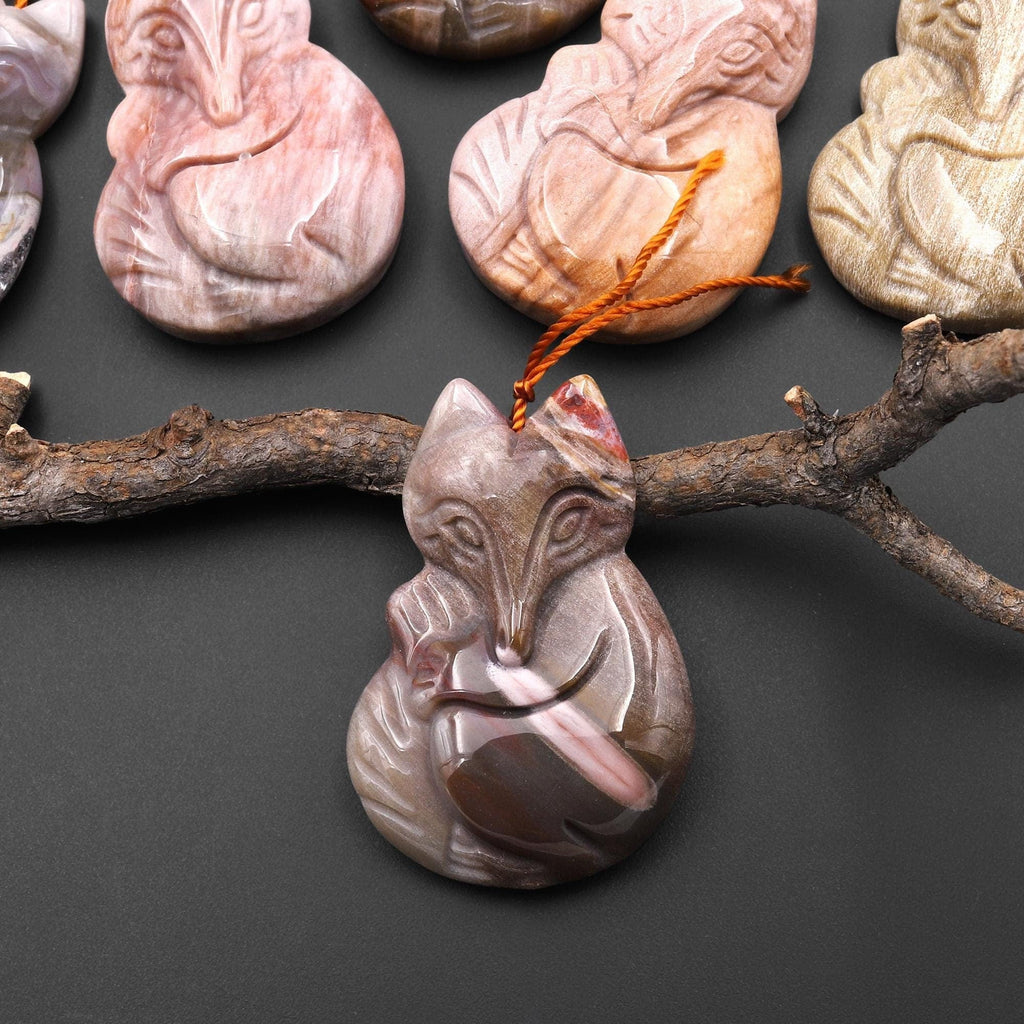 Hand Carved Natural Petrified Wood Fox Pendant Gemstone Focal Bead A1