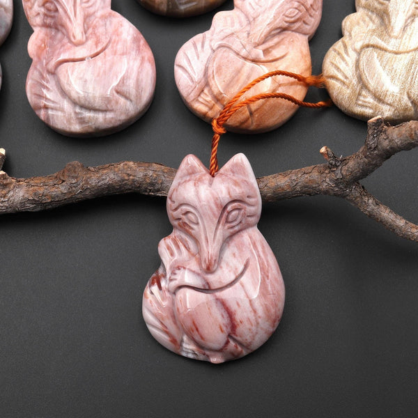 Hand Carved Natural Petrified Wood Fox Pendant Gemstone Focal Bead A3