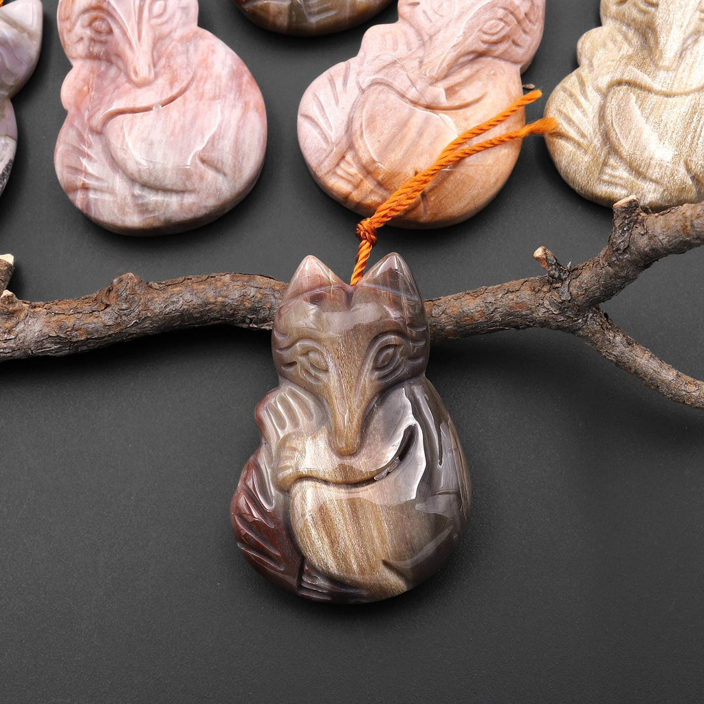 Hand Carved Natural Petrified Wood Fox Pendant Gemstone Focal Bead A4