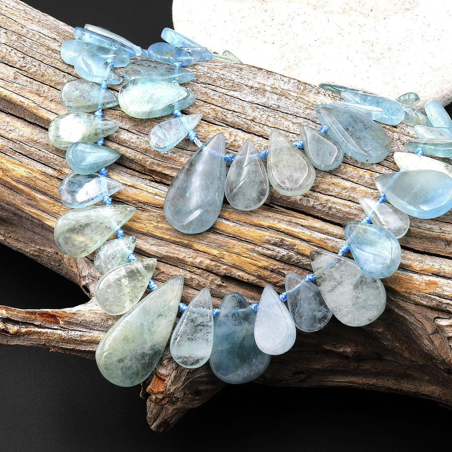 Extra Gemmy Translucent Natural Aquamarine Smooth Teardrop Beads Top Side Drilled Gemstone 15.5" Strand