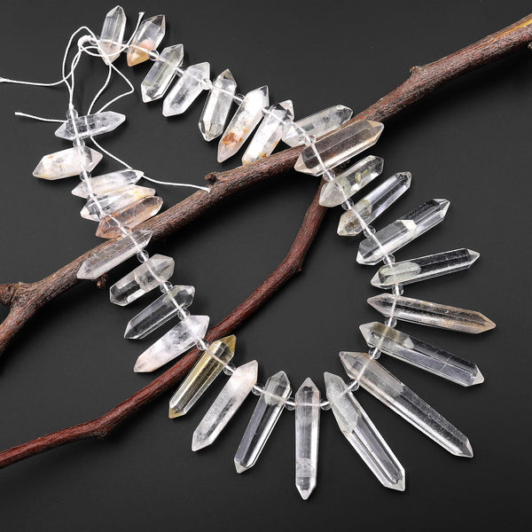 Rare Natural Rock Quartz Beads W Lodalite Matrix Top Drilled Double Terminated Points 15.5" Strand