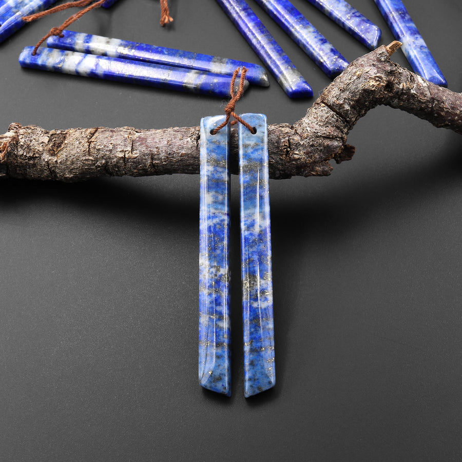 Natural Blue Lapis Earring Pair Modern Long Beveled Rectangle Spike Matched Gemstone Beads