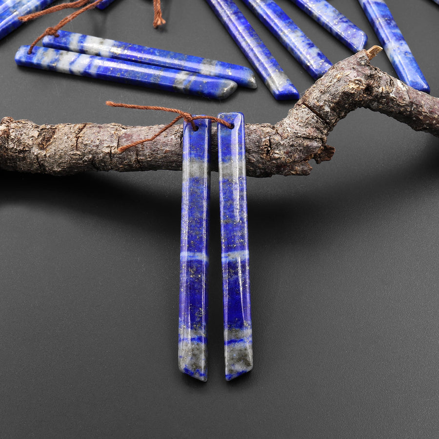 Natural Blue Lapis Earring Pair Modern Long Beveled Rectangle Spike Matched Gemstone Beads