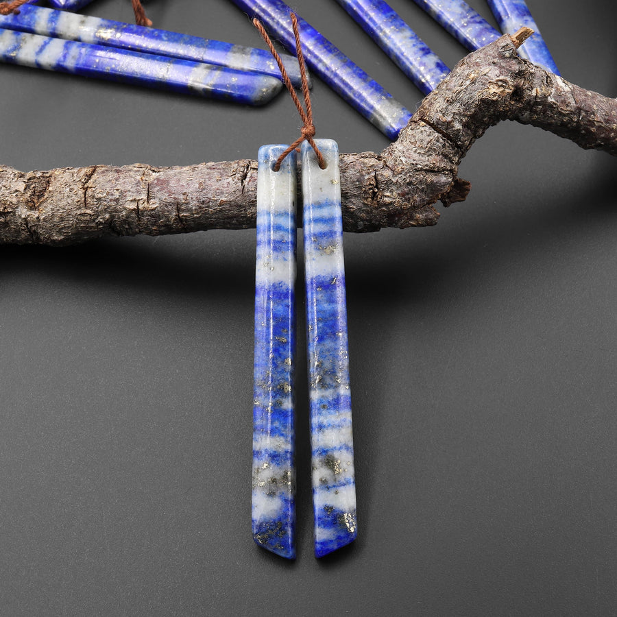 Natural Blue Lapis Earring Pair Modern Long Beveled Rectangle Spike Matched Gemstone Beads