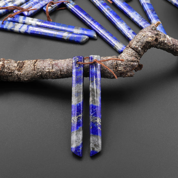 Natural Blue Lapis Earring Pair Modern Long Beveled Rectangle Spike Matched Gemstone Beads A5