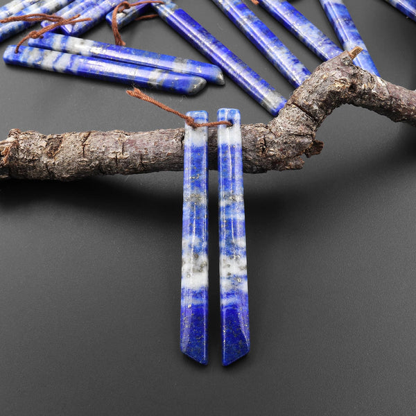 Natural Blue Lapis Earring Pair Modern Long Beveled Rectangle Spike Matched Gemstone Beads A8