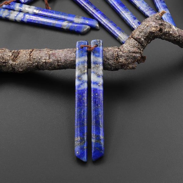 Natural Blue Lapis Earring Pair Modern Long Beveled Rectangle Spike Matched Gemstone Beads A10