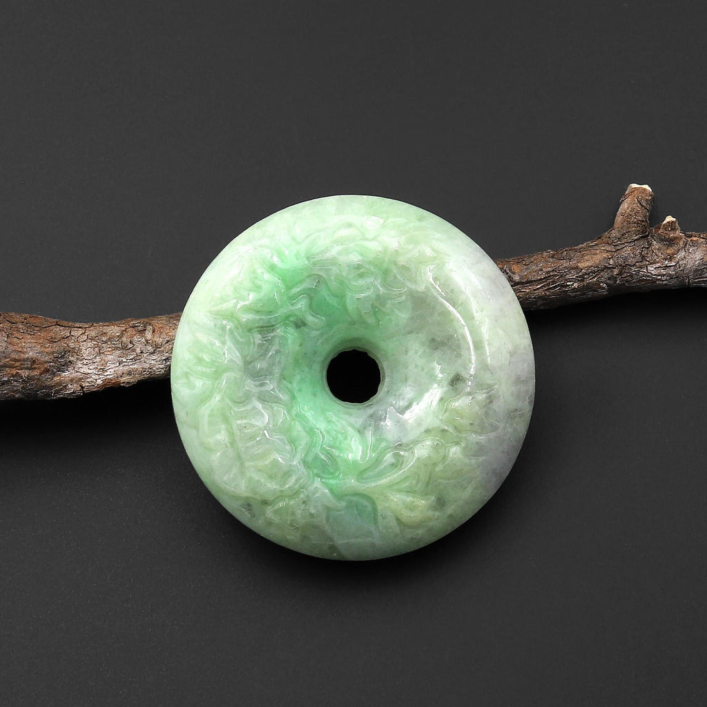 AAA Hand Carved Natural Burma Green Jade Donut Pendant 38mm A3